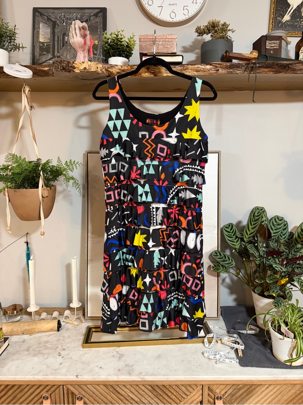 NWT ISLE Black Sleeveless Casablanca Tiered Dress with Bright Geometric Print